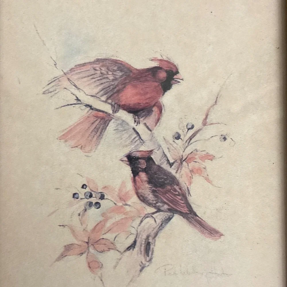Vintage Paul Whitney Hunter Framed Bird Prints Set of 2 Cardinals Songbirds Gold